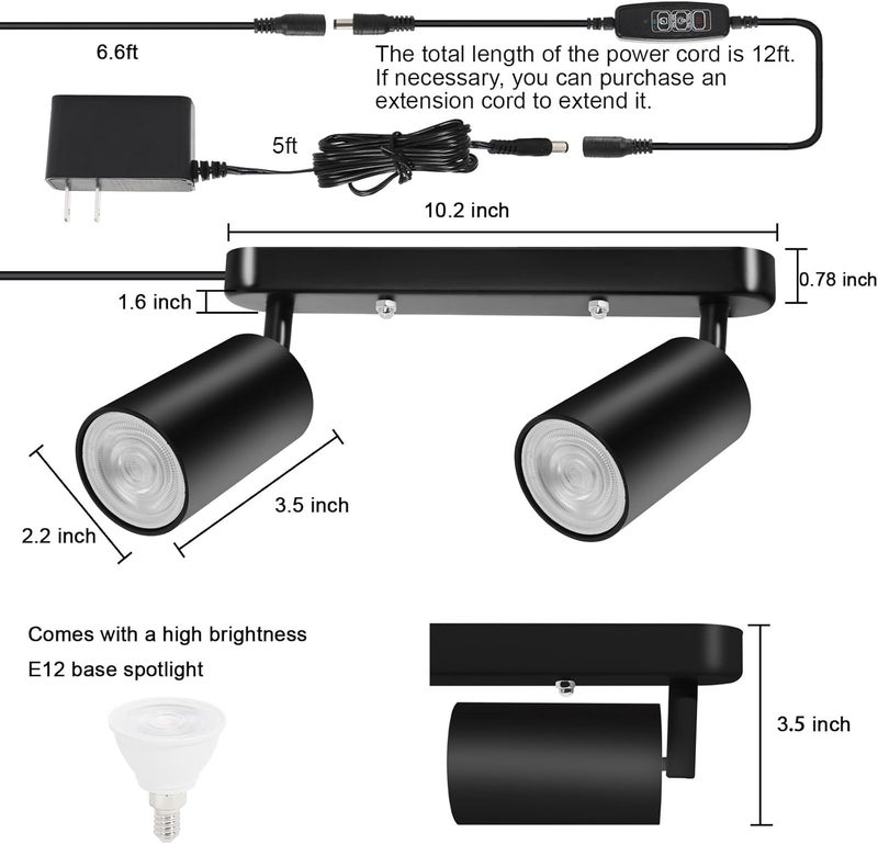 Taysing Plug in Track Lighting Track Light Fixtures with Power Cord Wall Spotlight Flexibly Rotatable Heads Plug in Ceiling Lights for Kitchen Cabinet Gallery Bar Living Room 10W 3000K(Black, 2 Heads) - Image 3